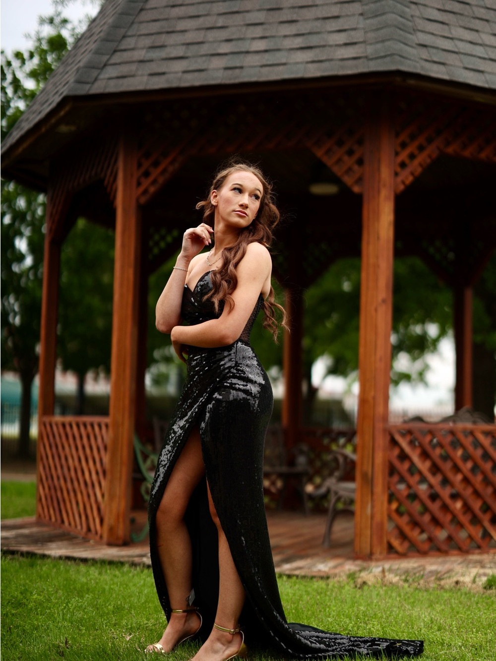 Black Sequin Strapless Evening Gown with High Slit